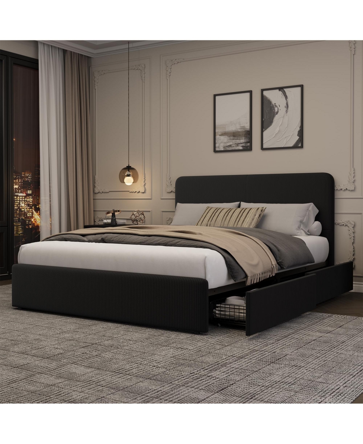 homfan Upholstered Platform Bed Frame with Headboard and 2 Storage Drawers, Wood Slat Support