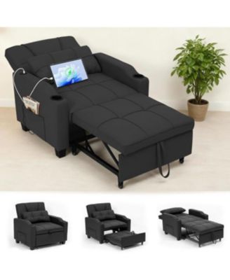 3-in-1 convertible sofa chair/bed/recliner with vibration massage and lumbar support, USB/Type-C port, cup holder, and side pockets.