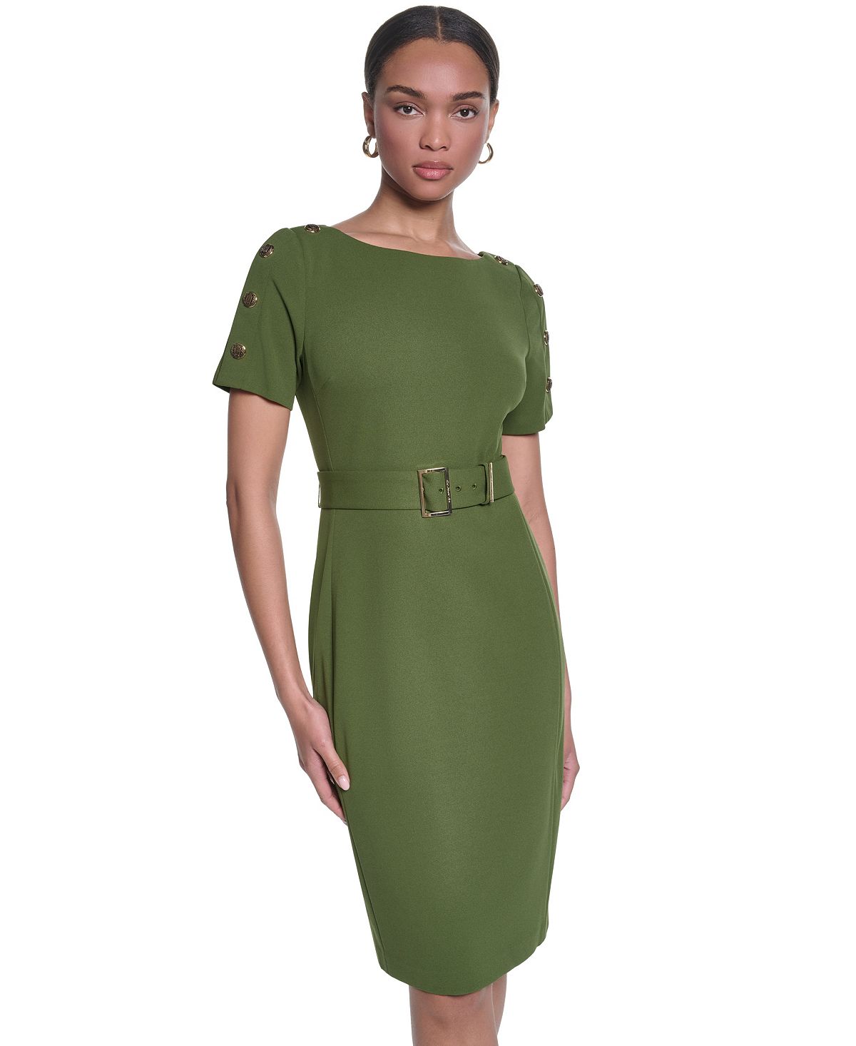 KARL LAGERFELD PARIS Women's Scuba Crepe Sheath with Shoulder Buttons Dress view 2 — MAYCSS fashion products