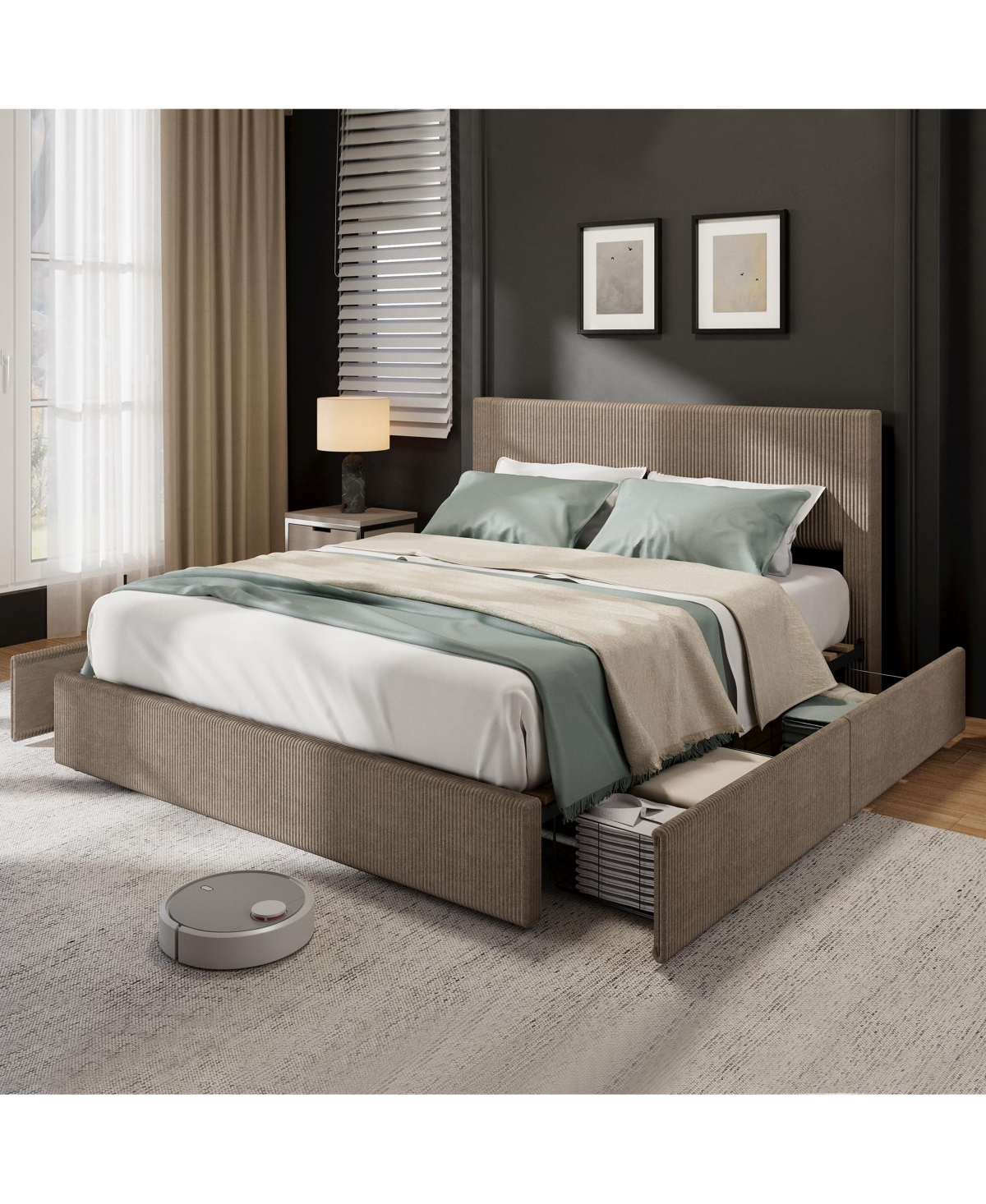 homfan Upholstered Platform Bed Frame with 4 Storage Drawers, Corduroy Channel Tufted Wingback Headboard