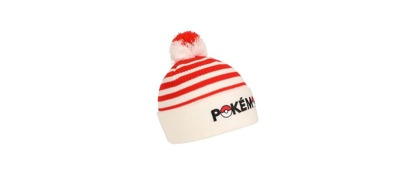 Мужская шапка Pokemon Pokeball Plush Pom, Red And White Stripes Cuff Beanie — фото 7