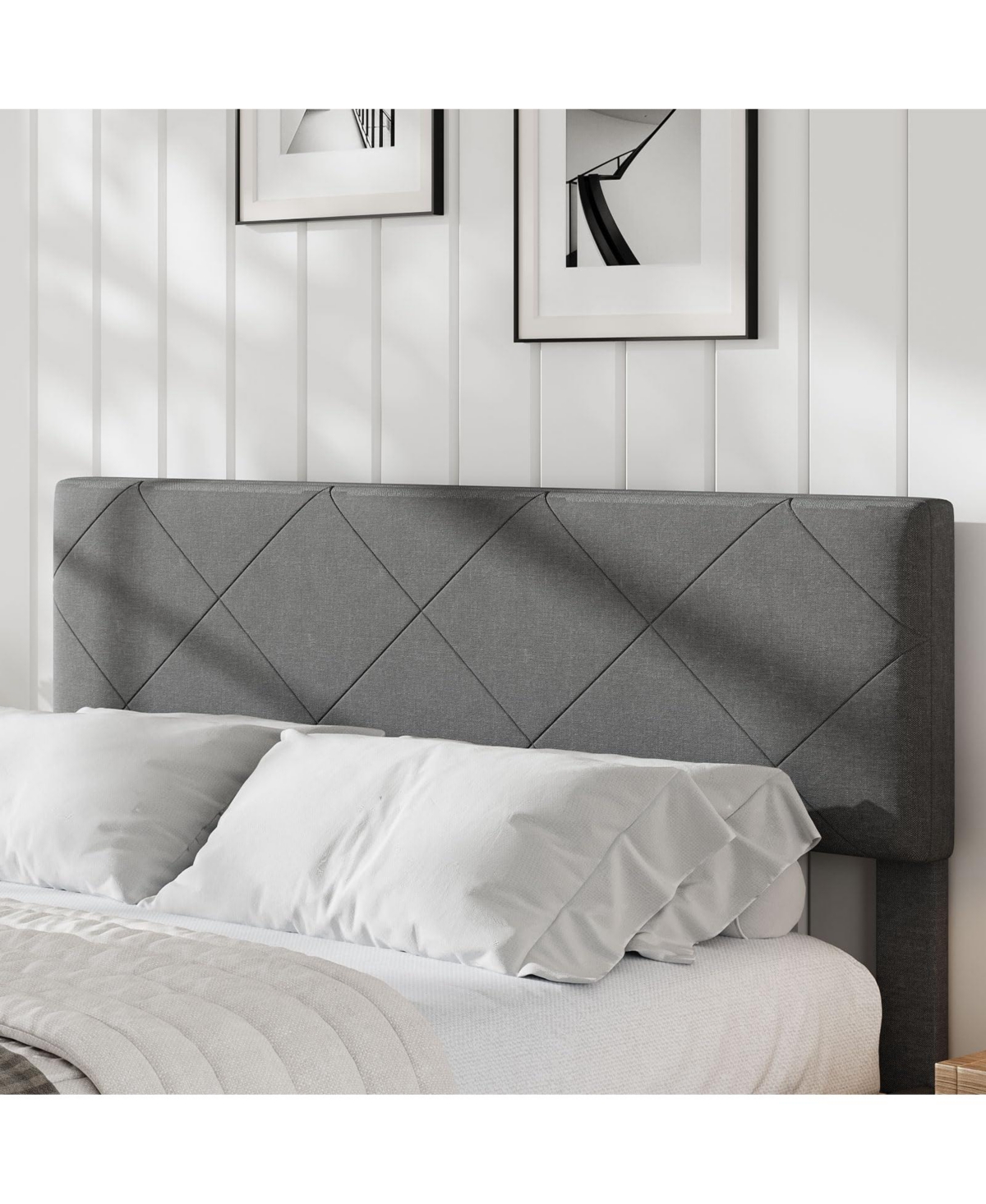 homfan Upholstered Platform Bed Frame with Quilted Headboard, Wooden Slats and Quiet Support