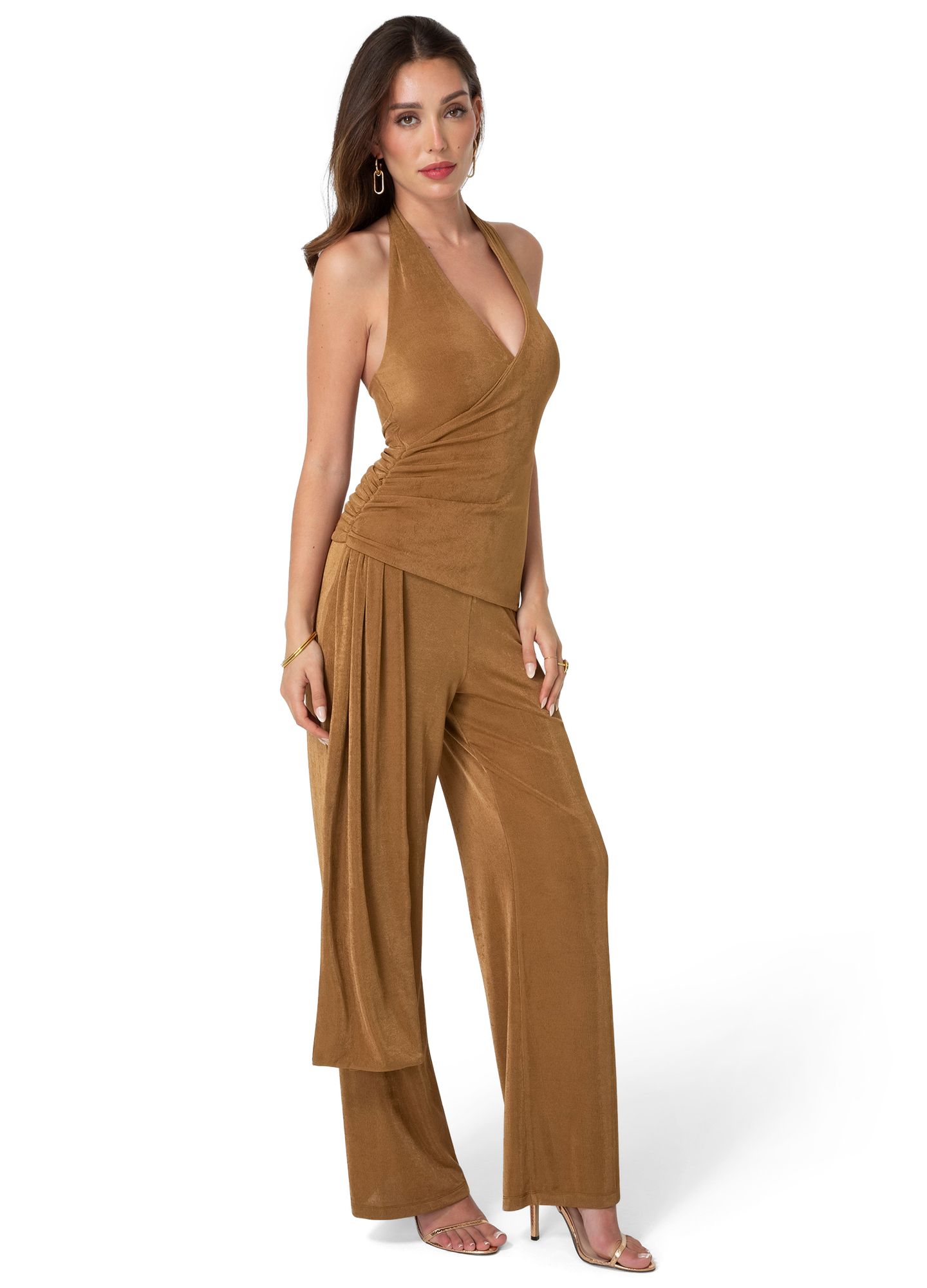 Женский комбинезон Bebe Slinky Drop Waist Halter Jumpsuit, цвет: Бронзовый — фото 2