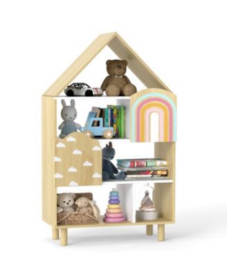 House-Shaped Kids Bookshelf 4-Tier Toy Storage Organizer with Open Compartments