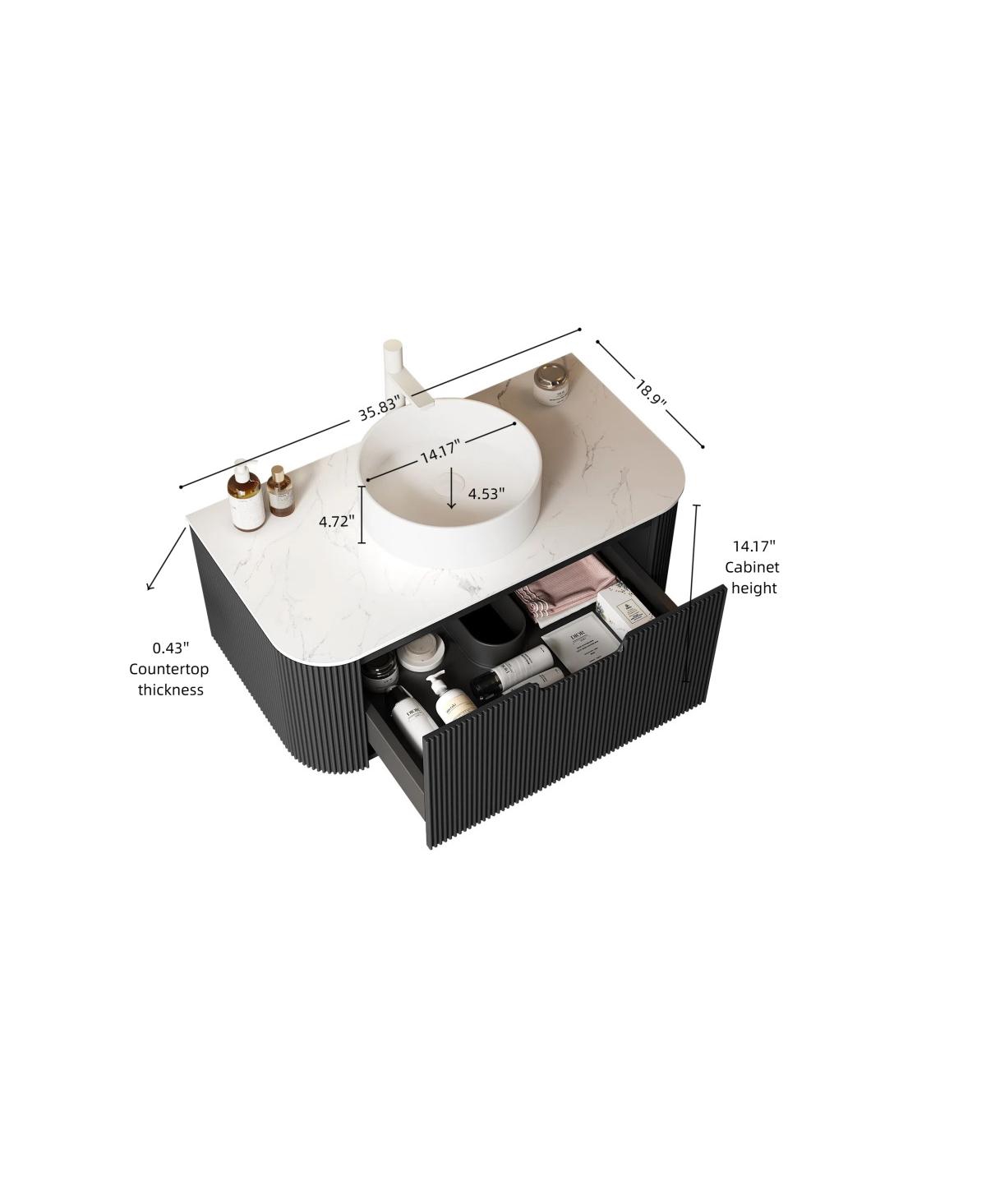 Sillysis Wall Mounted Bathroom Vanity with Sintered Stone Top, Round Ceramic Sink, Black Striped Drawer