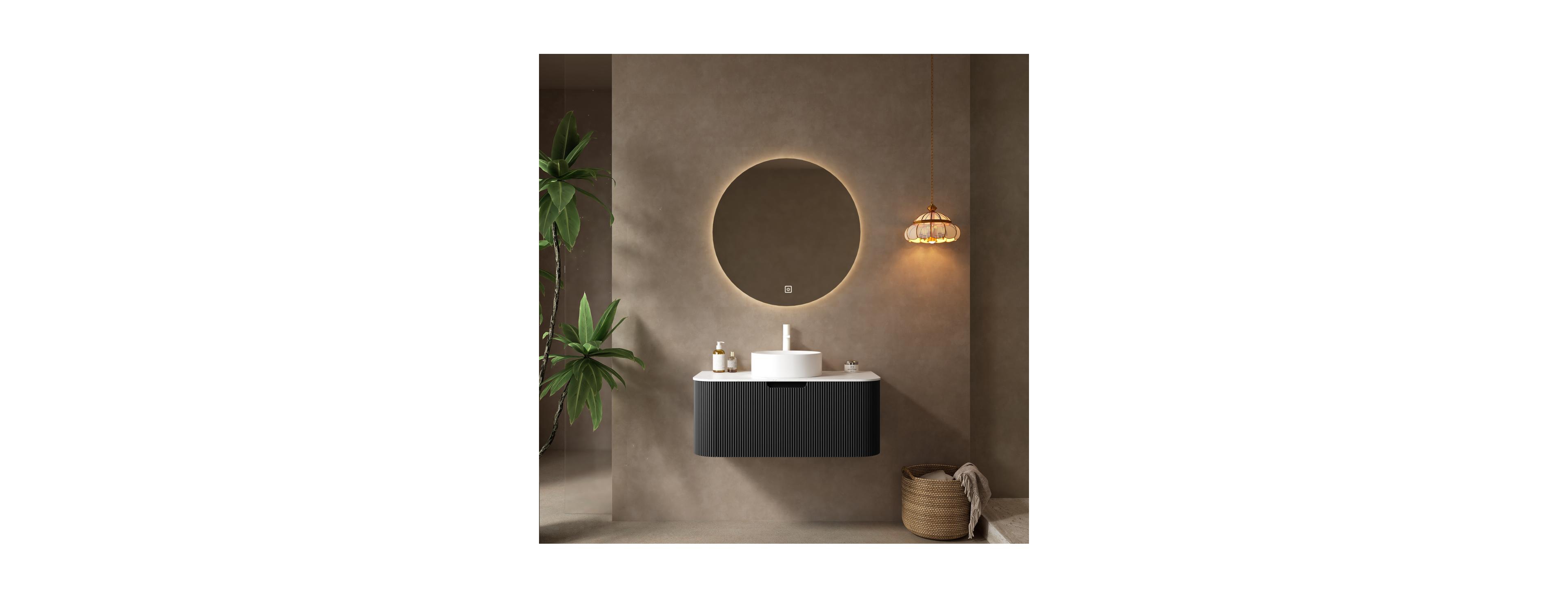 Sillysis Wall Mounted Bathroom Vanity with Sintered Stone Top, Round Ceramic Sink, Black Striped Drawer
