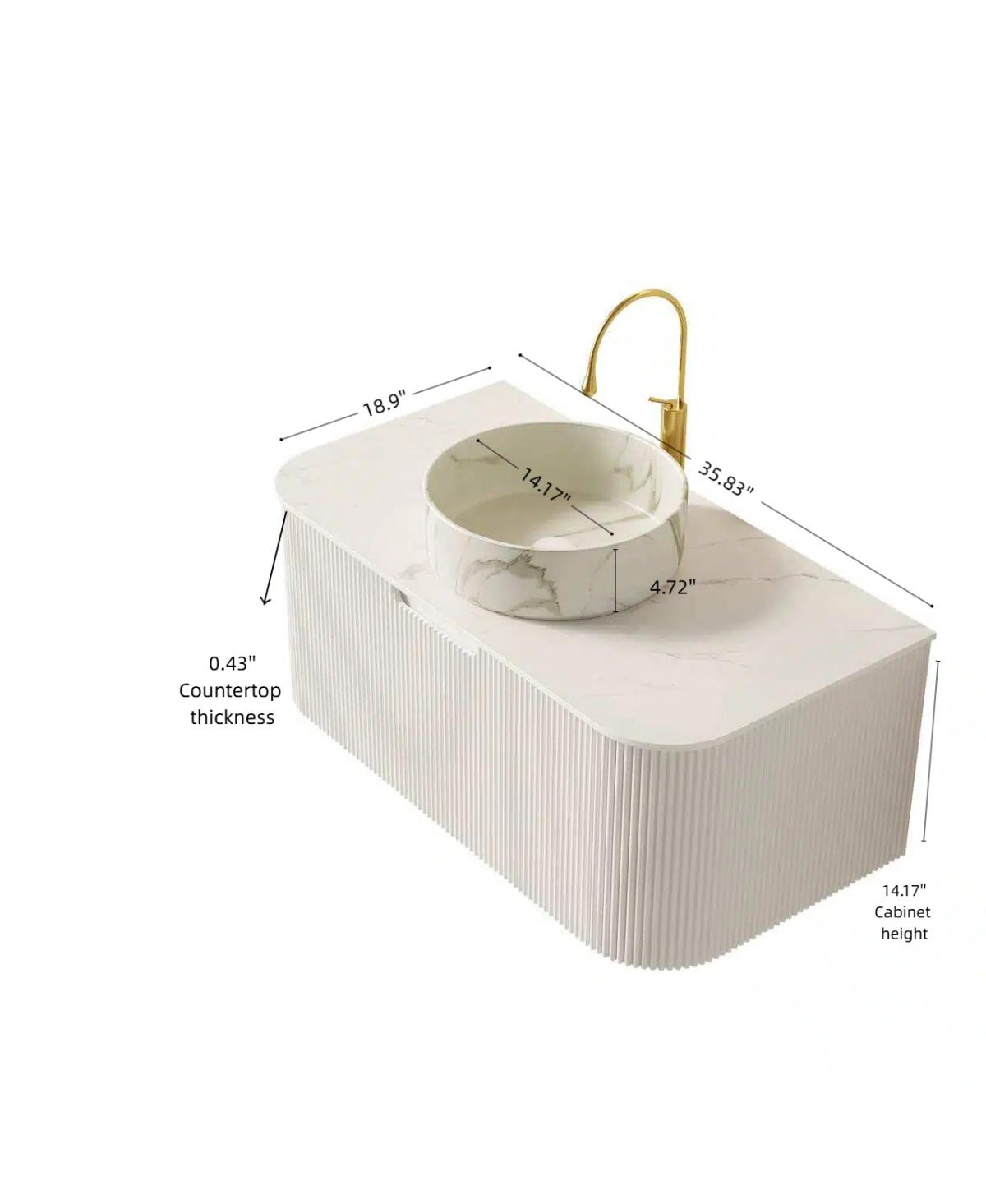 Sillysis Wall Mounted Bathroom Vanity with White Sintered Stone Top, Round Ceramic Bowl Sink
