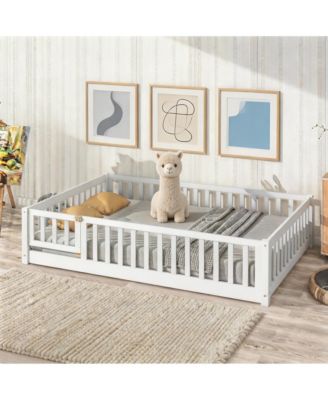 Floor Bed with Fence and Door, Solid Wood Kids Platform Bed Frame