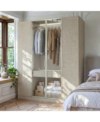 Linen Finish 4-Door Wardrobe - 63"x23.6"x77.2" Modern Aluminum Frame Closet | Bedroom Storage Organizer | Tall Standing Cabinet