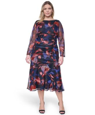 Plus Size Printed Side Ruched Mesh Midi Dress