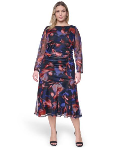 Женское платье Vince Camuto Plus Size Printed Side Ruched Mesh Midi, цвет: Bbr