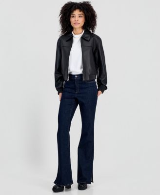 MICHAEL Women's Leather Zip-Up Bomber Jacket