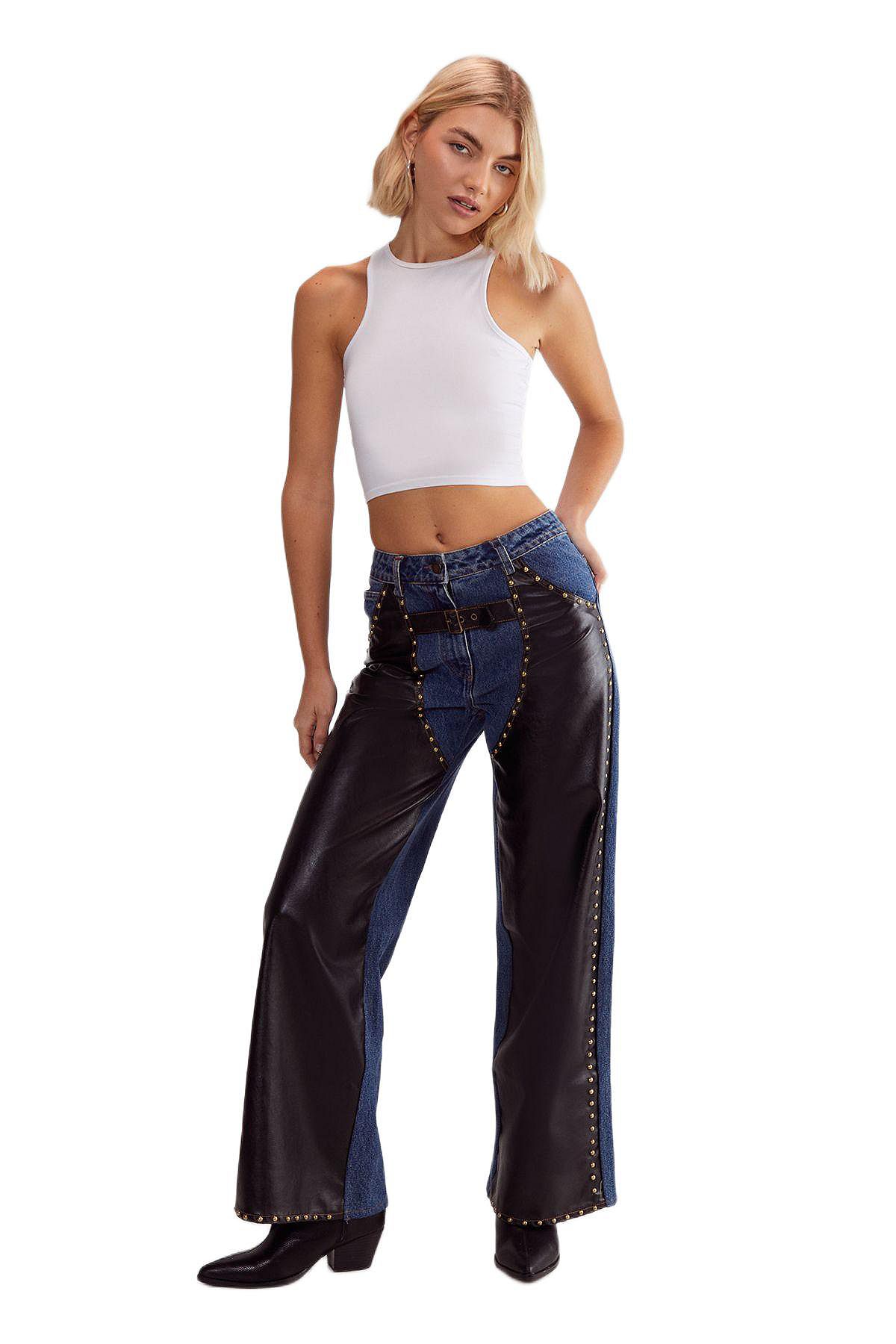 Nasty Gal Women's Straight Leg Denim Pu Mix Chap Jeans view 2 — MAYCSS fashion products