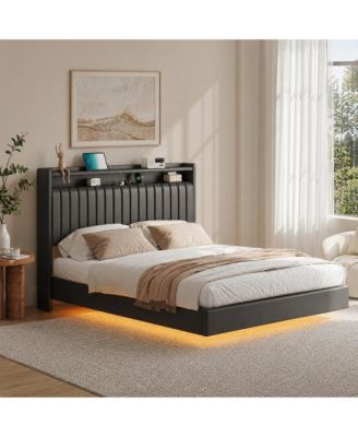 Floating Platform Bed Frame with Hidden Legs, App-Controlled RGB LED Lighting, Headboard Shelf and Charging Station, No Box Spring Needed