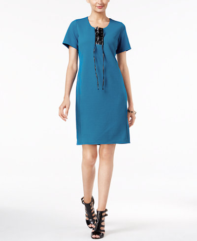 NY Collection Faux-Leather Lace-Up Shift Dress