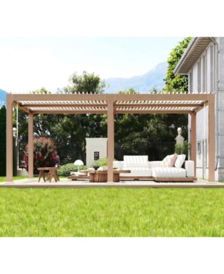 Adjustable Aluminum Louvered Pergola Reinforced Rustproof Frame Hardtop Gazebo with Integrated Drainage Wood Grain Finish All-Weather Outdoor