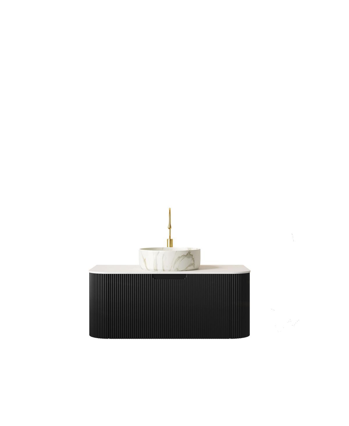 Sillysis Wall Mounted Bathroom Vanity with Carrara Sintered Stone Top, Round Ceramic Sink, Stripe Drawer