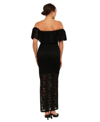 lace side bodycon dress 24seven Comfort Apparel Plus Size Elevate Curvy Lace Off-the-Shoulder Side Slit Bodycon Maxi Dress - Black