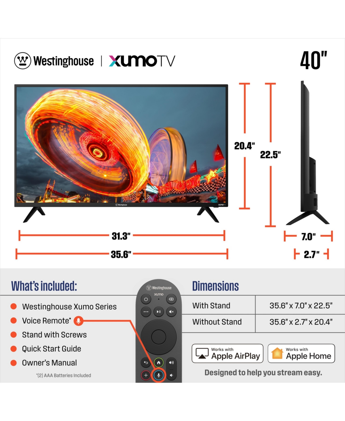Westinghouse 40" Full Hd 1080p Xumo Smart Tv w/ Apple AirPlay, HomeKit & Voice Remote