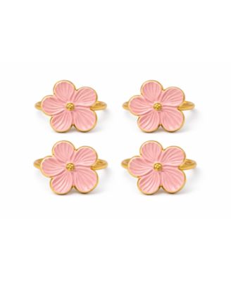 Pink Enamel Flower Napkin Rings Set of 4, Metal Floral Table Decor