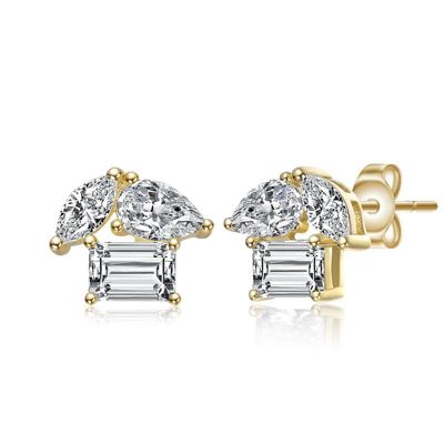 Dainty 14K Gold Plated Brilliant Three-CZ Stud Earrings