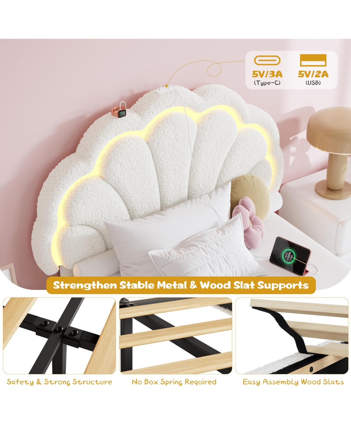 homfan Upholstered Platform Bed Frame with Led Petal Headboard and Storage Drawer, Kids Wood Slat Support