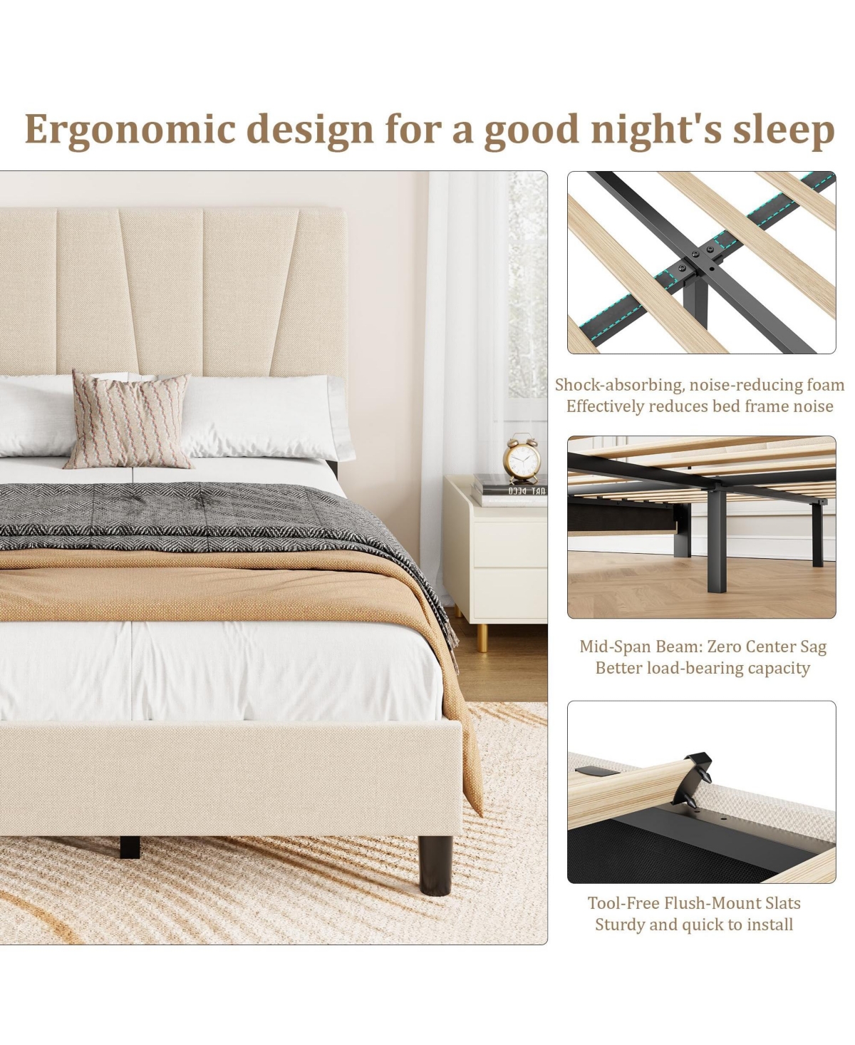 homfan Linen Upholstered Platform Bed Frame with 3-Level Adjustable Headboard, Wood Slat Support, Quiet Design