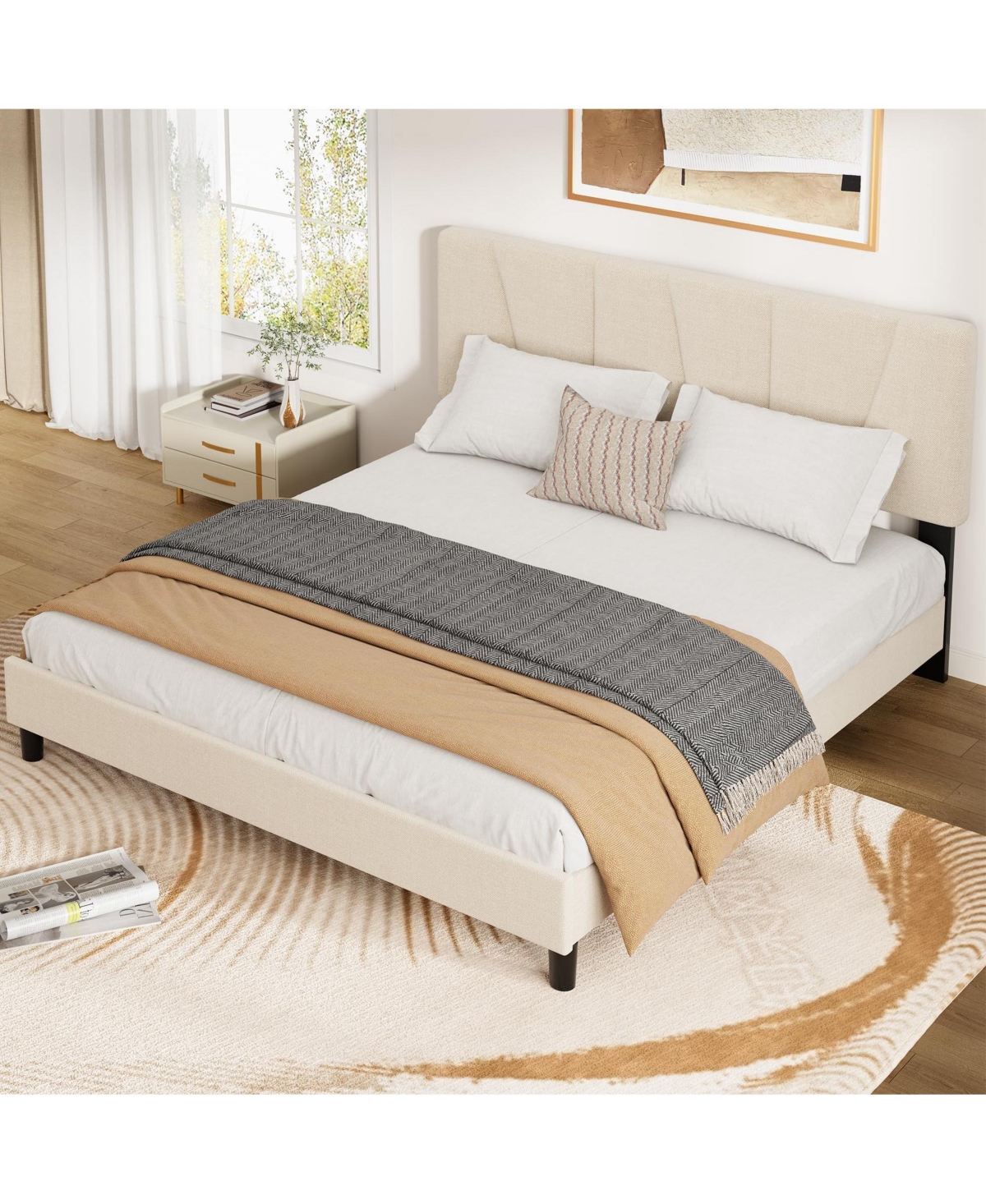 homfan Linen Upholstered Platform Bed Frame with 3-Level Adjustable Headboard, Wood Slat Support, Quiet Design