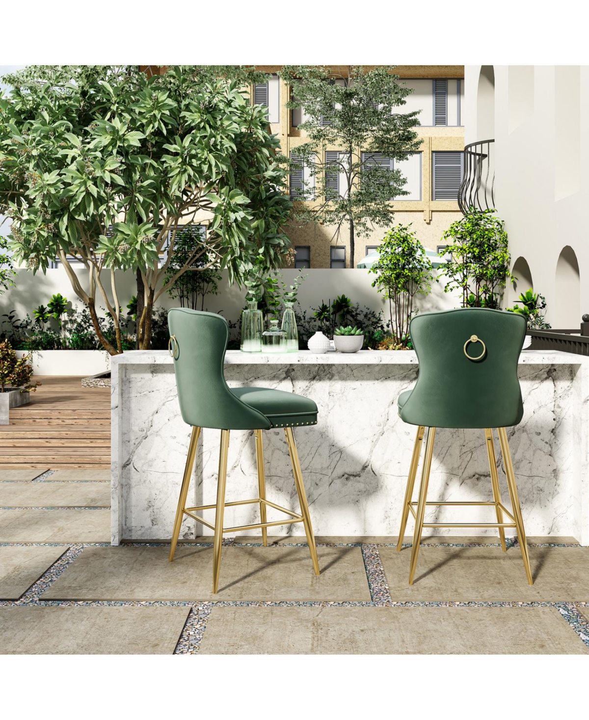 Rainsken Bar Stools Set of 2, Velvet Counter, Button Tufted and Nailheads Trim, with Metal Legs, for Kitchen Island Dining Room Pub
