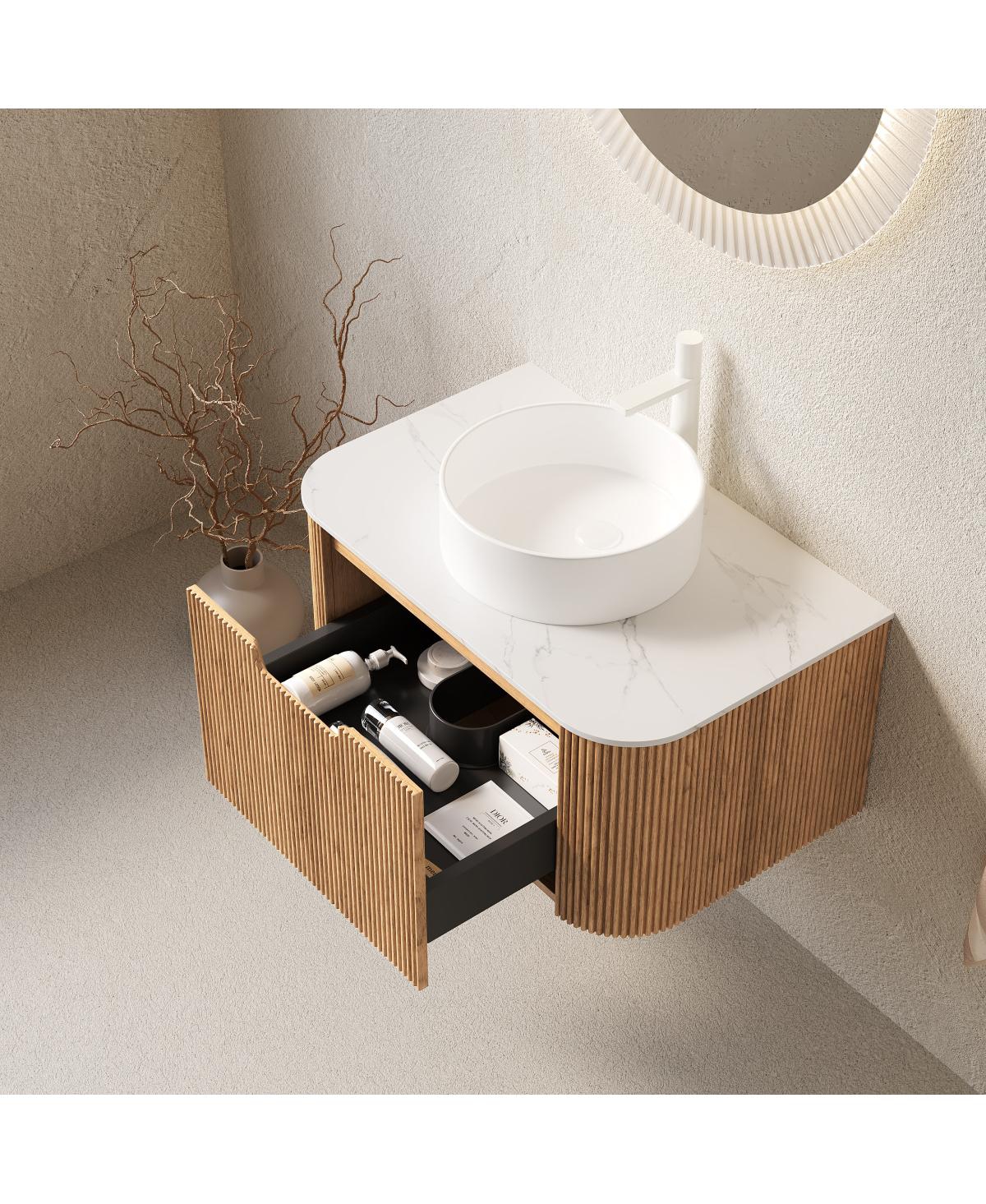 Sillysis Wall Mounted Bathroom Vanity with Sintered Stone Top, Ceramic Vessel Sink, 3D Wood Grain Drawer