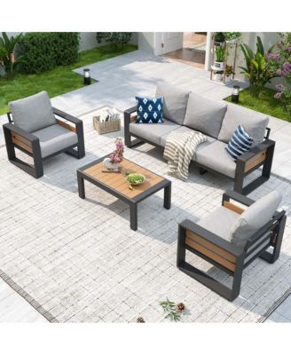 Outdoor Patio Conversation Set Durable Aluminum Sofas, Plush Cushions, Wood?Texture Table Weatherproof