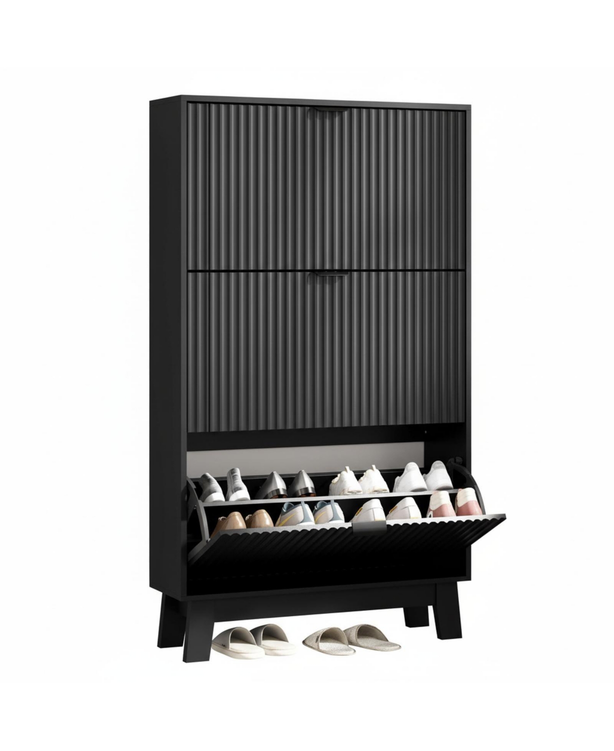 Yigii Fluted Shoe Cabinet 4 Flip Drawers Slim Entryway Storage Organizer