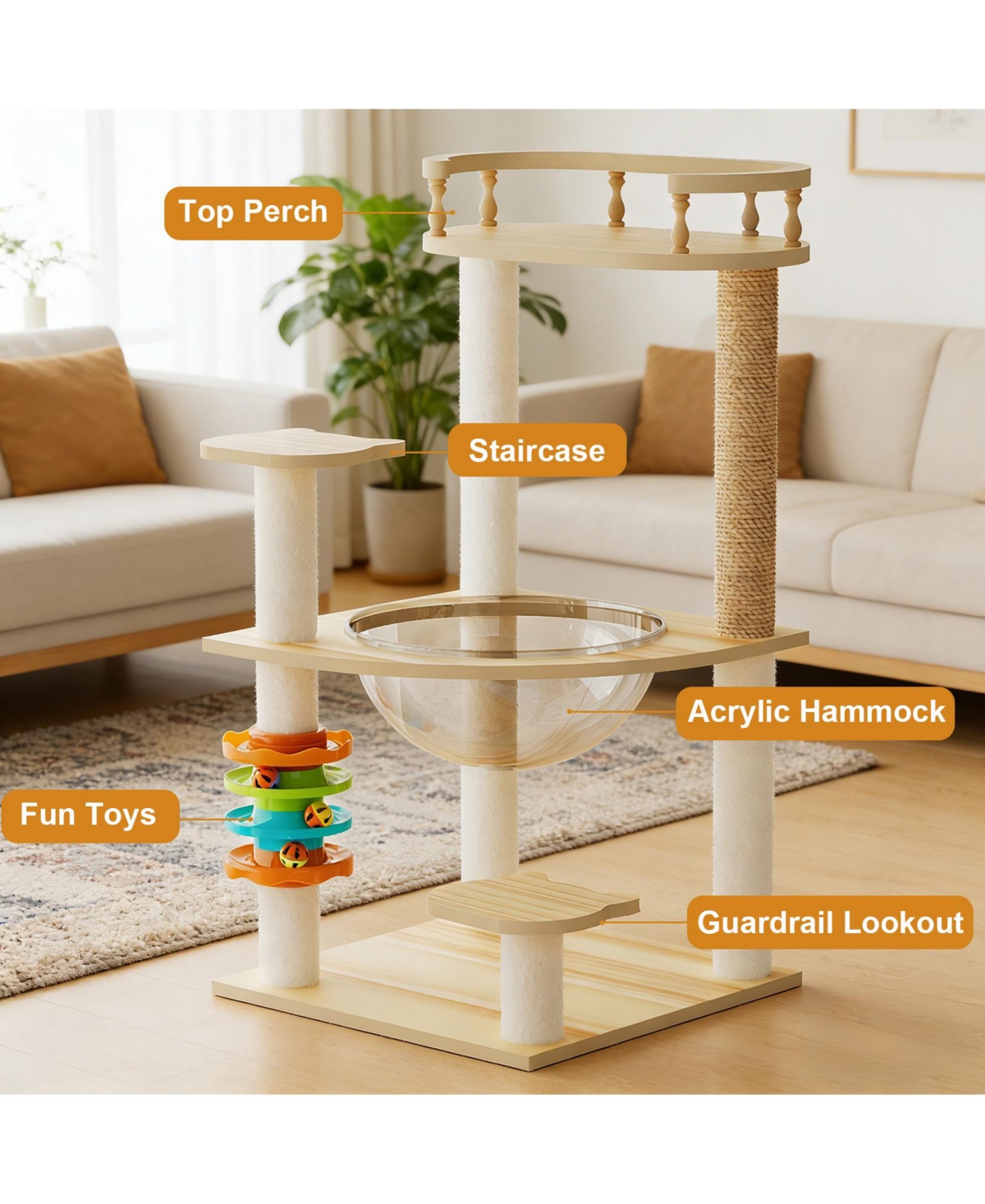 Aostirmotor 32.2" Modern Cat Tree with Scratching Posts, Perch, Acrylic Hammock & Toys for All Cats