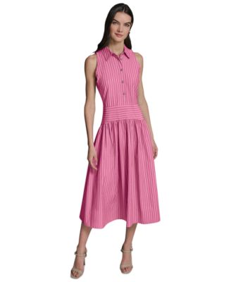 Women's Stripe Shirting Button-Down Sleeveless Midi Shirt-Dress