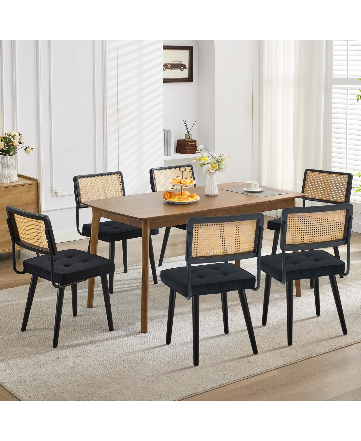 gaomon Rattan Dining Chairs Set, Mid Century Kitchen Chairs with Velvet Upholstered Seat, Modern Boho Dining Chairs