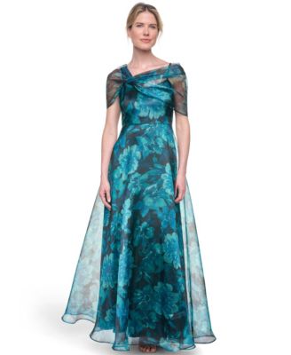 Petite Asymmetric Neck Cap-Sleeve Ball Gown