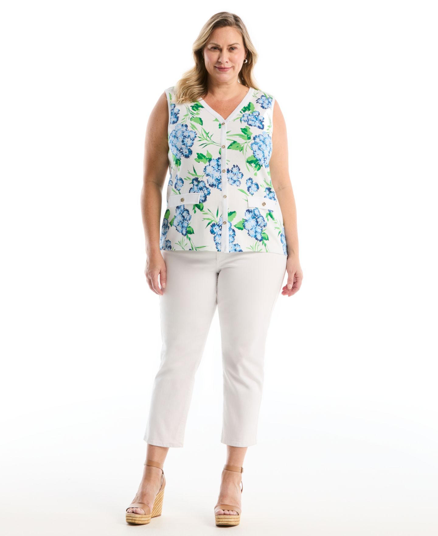 Женский топ Rafaella Plus Size Pom Floral Print Button-Front Sleeveless, цвет: Белый — фото 2