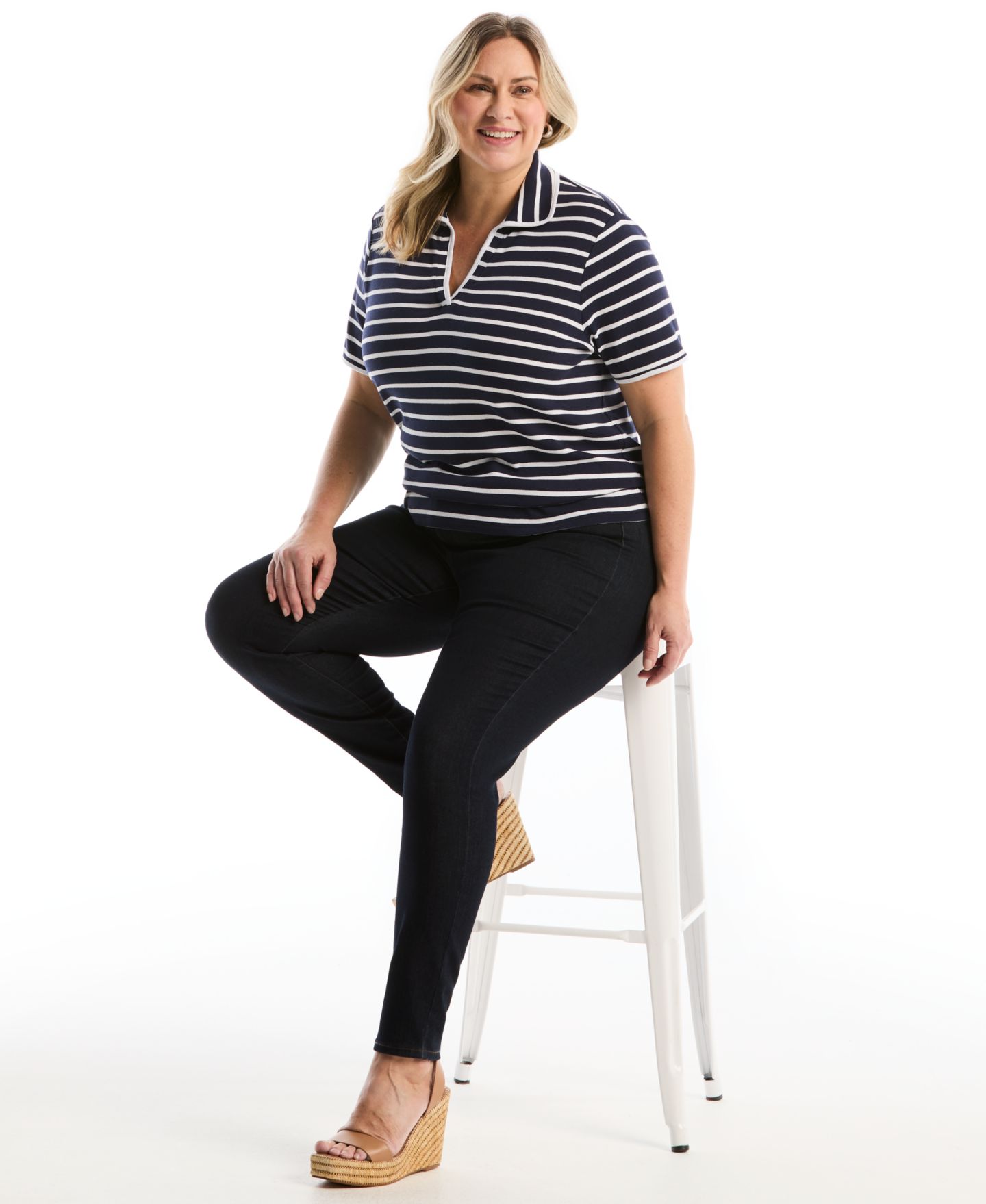 Женское поло Rafaella Plus Size Striped Contrast Trim Johnny Collar Short-Sleeve Polo, цвет: Peacoat — фото 3