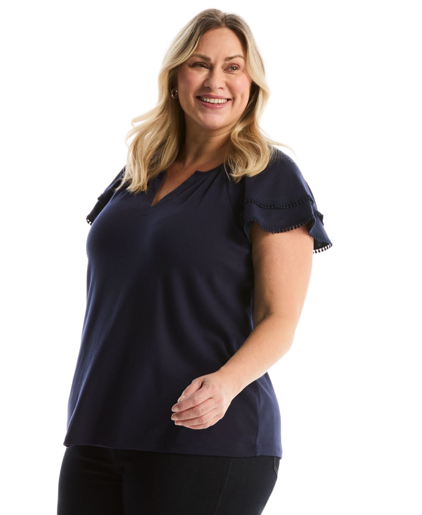 Женский топ Rafaella Plus Size Eyelet Flutter-Sleeve Split Neck Short-Sleeve, цвет: Peacoat — фото 3