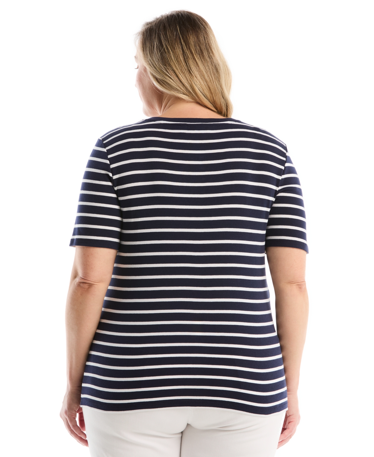 Rafaella Plus SizeStriped Welt Pocket Button Detail Short Sleeve Top