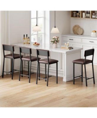 2 Sets of 4 Bar Stools Sponge Leather Soft Cushion Barstools with Backrest and Footrest, Counter Height for Kitchen and Dining