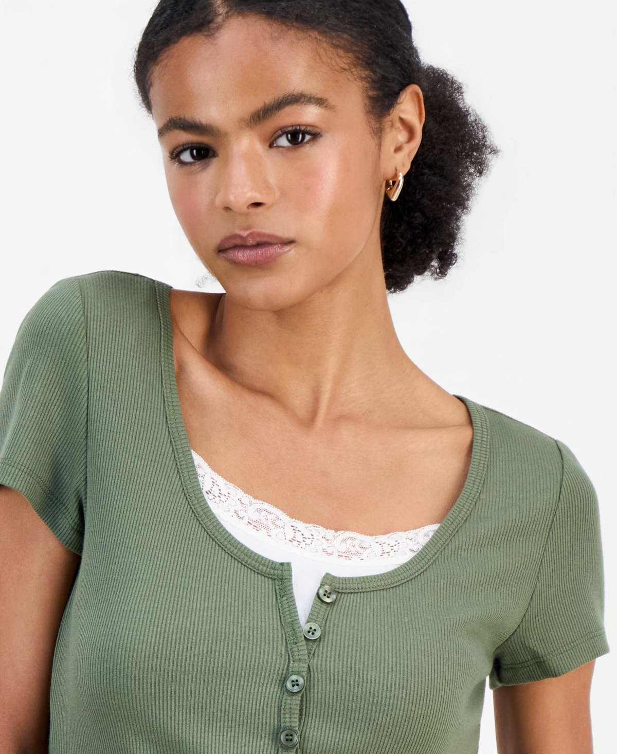 Hippie Rose Juniors' Layered-Look Short-Sleeve Henley
