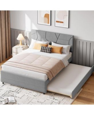 Bed Frame with Trundle, Upholstered Platform Bed Frame with Headboard, Trundle Bed Twin, Wood Slat Support, for Bedroom, Living Room