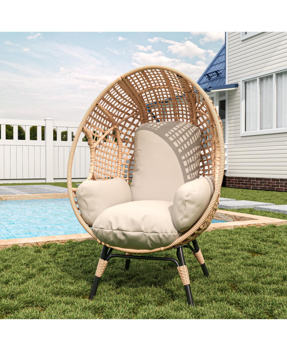 Rainsken Outdoor Wicker Egg Chair with Cushion, Pe Rattan Wicker Lounge Chair, 400lb Capacity, Indoor Patio Egg Chairs, for Bedroom Backyard Balcony