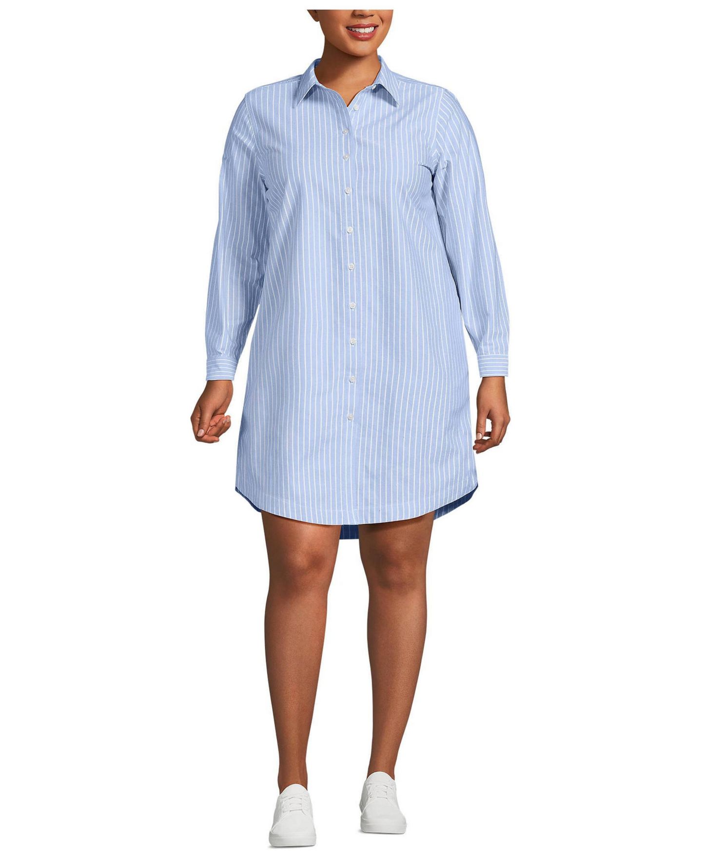 Женское платье Lands' End Plus Size Oxford Long Sleeve Button Front Shirt Dress, цвет: Синий / Белый полосатый — фото 1