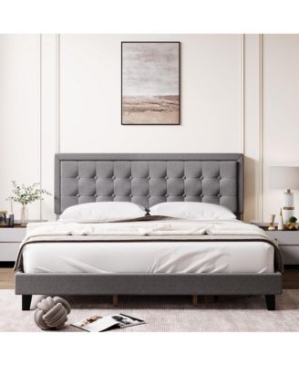 Platform Bed with Adjustable Linen Button Tufted Headboard, Noise-Free Design and No Box Spring Needed