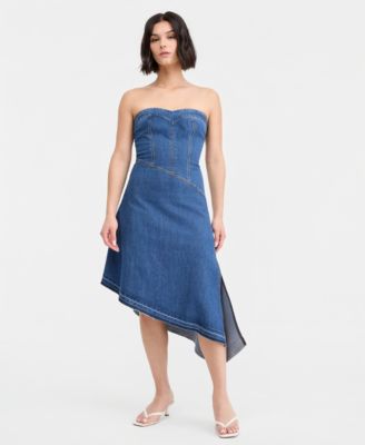 Juniors' Strapless Asymmetric Denim A-Line Dress