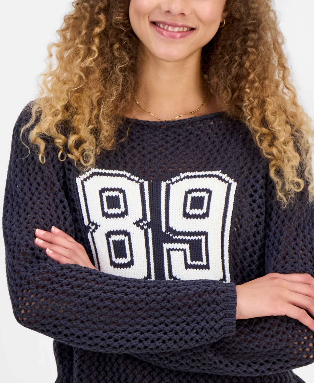 Hooked Up by Iot Juniors' Open-Stitch Varsity Sweater
