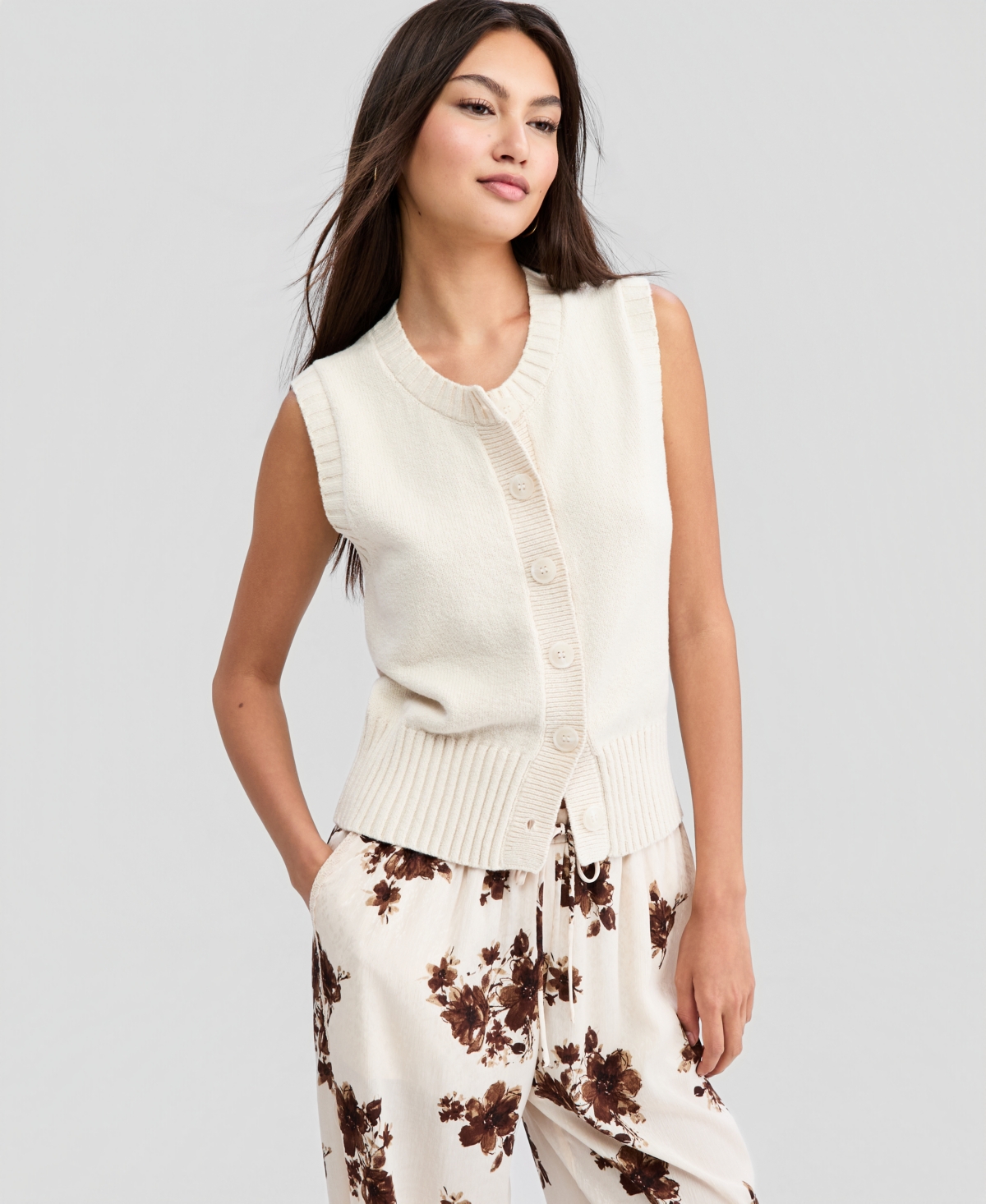 And Now This Petite Crewneck Button-Front Sweater Vest, Macy's Exclusive