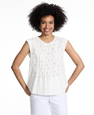 Women's Cap Sleeve Eyelet Pintuck Swing Top